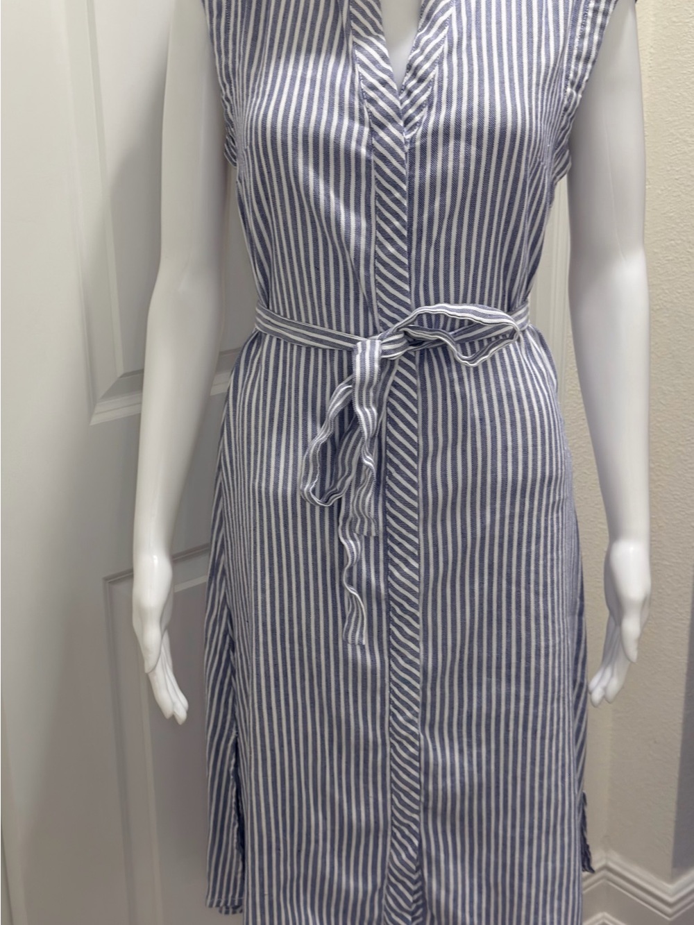Tahari Blue and White Striped Tie-Waist Midi Dress